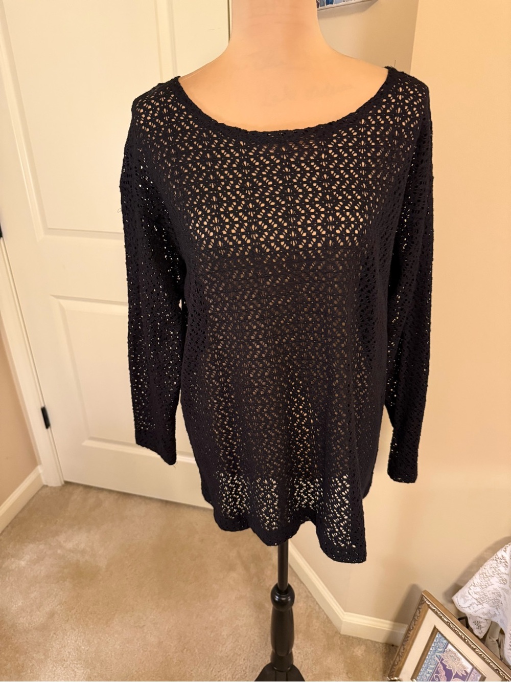 Black Crochet Knit Long Sleeve Swim Coverup